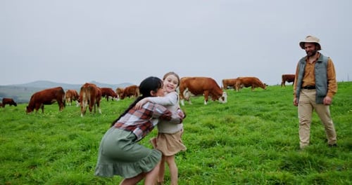 Cow, running and hug with family on farm for cattle agriculture, love and support