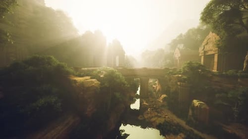 Sundrenched Ancient Bridge Spanning Shrouded River with Vibrant Cliffs