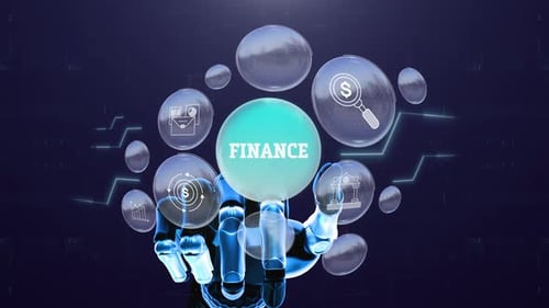 Futuristic Robotic Hand Presenting Finance Icons and Concepts