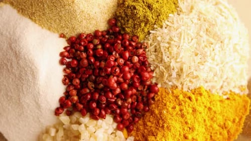 Close up of various culinary spices and ingredients