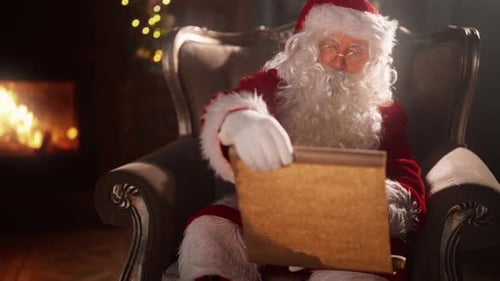 Santa Claus Reviewing List by Fireplace