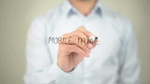 Mobile Payment Man Writing on Transparent Screen