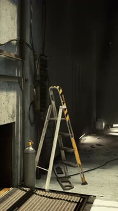 Ladder Stands Lonely in a Sunlit Corner of an Abandoned Industrial Space