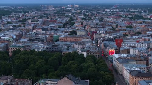 Aerial Panoramic View of Town Development in Urban Borough at Dusk Buildings and Streets in