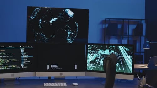 Computer Monitors Displaying Code and Digital Graphics