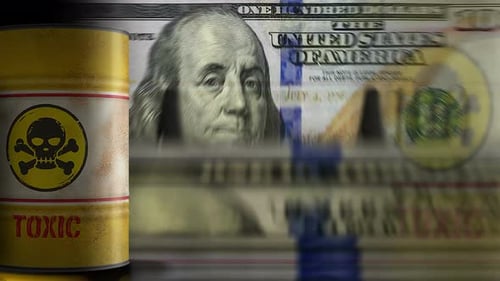 Rotating Toxic Waste Barrel with US Dollar Bill Background Loop