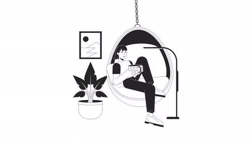 Minimalist Animated Illustration of Person Relaxing in Hanging Chair with Coffee
