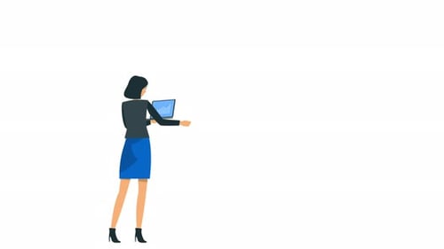 Corporate Woman Holding Laptop with Animated Data Presentation