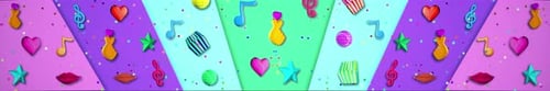 Vibrant Animated Celebration Background with Music Notes and Hearts