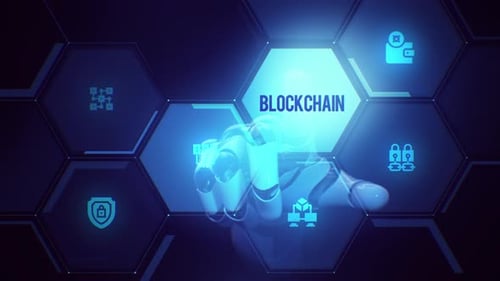 Robot Hand Interacts with Futuristic Blockchain Technology Display