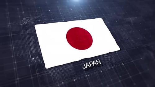 Waving Japanese Flag on Digital World Map Background