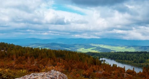 Mountain Lake Timelapse at the Summer or Autumn Time Wild Nature and Rural Field Clouds Movement