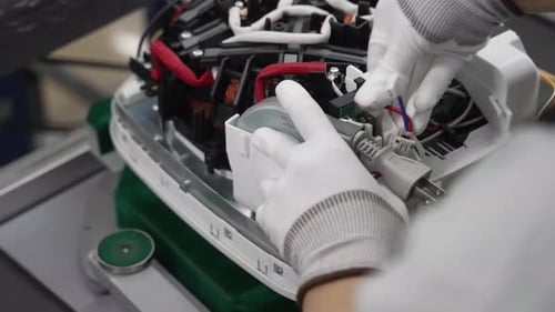 Ouvrier de montage connectant le composant du moteur et les fils électriques à l'intérieur du boîtier du cuiseur à riz