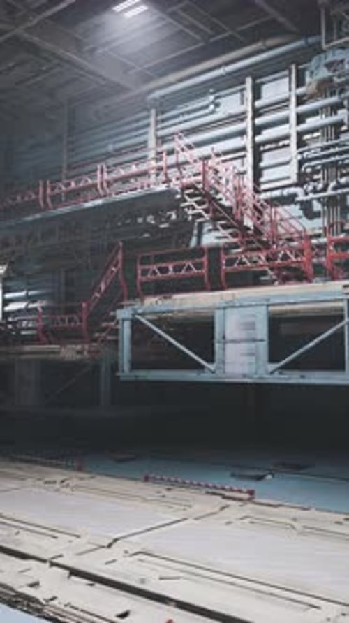 Modern Industrial Space with Red Scaffolding and Steel Structures