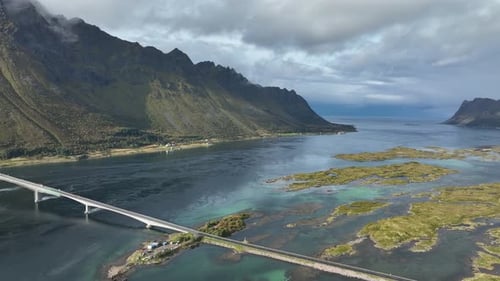 Aerial view of bridge and mountains, Norway.