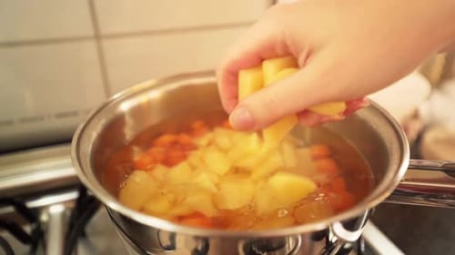 Mão feminina derramando batatas picadas na panela com água em câmera lenta