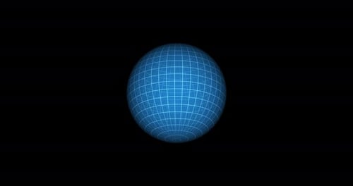 Futuristic Blue Hologram Sphere With A Grid Slowly Rotates Against Black Background