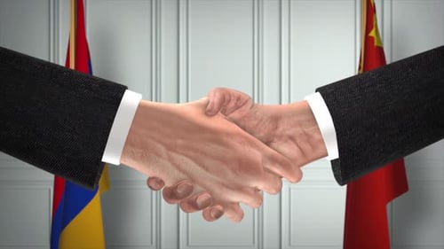 Armenia and China Officials Business Meeting. Diplomacy Deal Animation. Partners Handshake 4K
