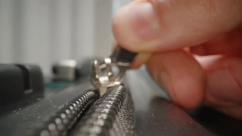 Dolly slider, close up. A Close-up of fingers unzipping a suitcase, marking the beginning .
