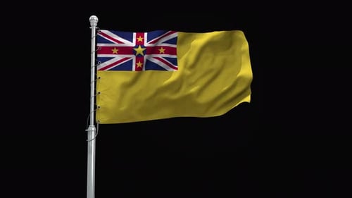 Realistic Niue Flag Waving on Flagpole Animation
