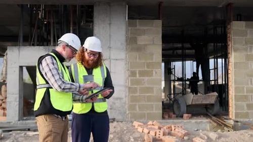 Bauarbeiter oder Techniker, die für die Überprüfung und Analyse des Projektbaus arbeiten