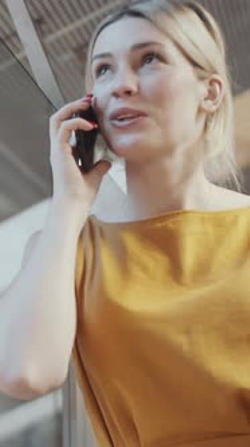Vertical of Positive Young Business Lady Talking on Phone in Office Space