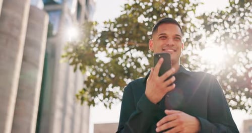 Low angle, businessman or phone call in urban city for networking, customer negotiation