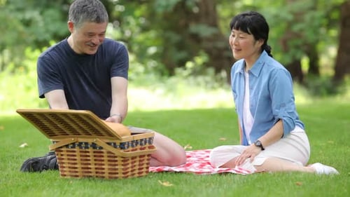 Mature asian couple enjoying a picnic lunch together in a beautiful park