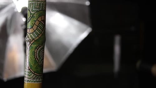 Punktkunst einer Pythonschlange auf einem Didgeridoo, die sich im Kunstatelier dreht