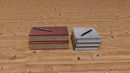 Rotating Books and Pens on a Wooden Floor