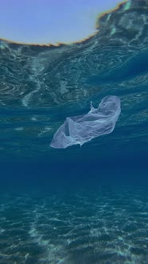 Vieja bolsa de plástico rota flotando bajo el agua sobre un fondo marino arenoso