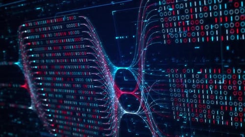 Red neuronal Visualización de flujos de big data, matriz binaria, código de ceros y unos, IA, aprendizaje automático