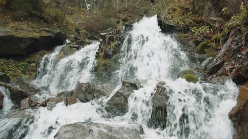 Beautiful Cascades of Water Creating Waterfalls on a Slope with Stones in Forest