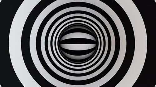 Schwarz-weißer rotierender Ball im hypnotischen Tunnel aus Kreisen, Loop-Animation