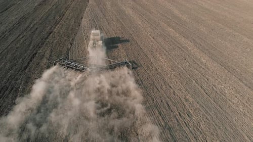 Tractor Cultivates Soil Preparing Land for Sowing Crops in Field