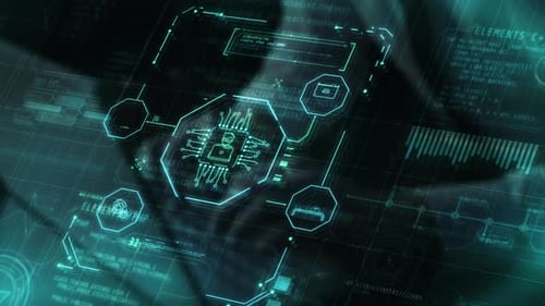 Futuristic HUD Display with Animated Data Network and Technology Icons