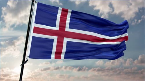 Realistic Waving Iceland National Flag Animation Against Cloudy Sky