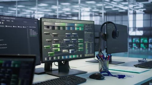 PC Screens on Server Hub Office Desk Showing Programming Software Close Up