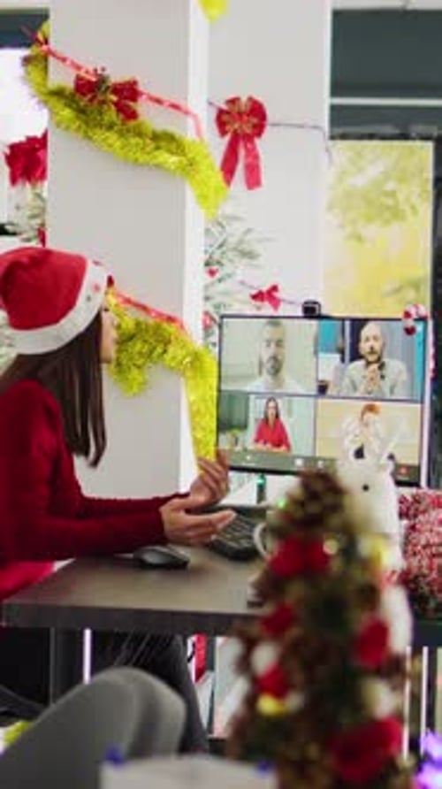 Vertical Video Staff Members Videocall in Xmas Office