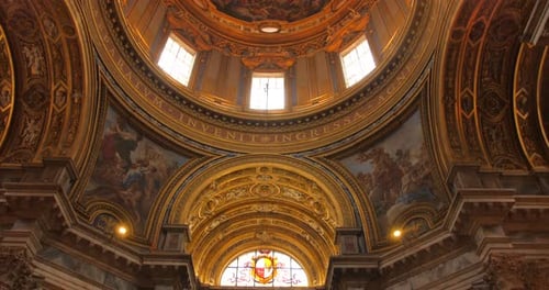 Frescoed Cupola Of Sant'Agnese in Agone, Baroque Church In Rome, Italy. - low angle, tilt up