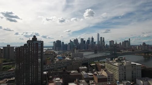 NEW YORK view of Manhattan Bridge. Camera moving across the bridge approaching Brooklyn bridge, beau