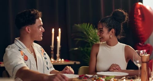 Smile, couple and talking on date at restaurant with romance, valentines day celebration