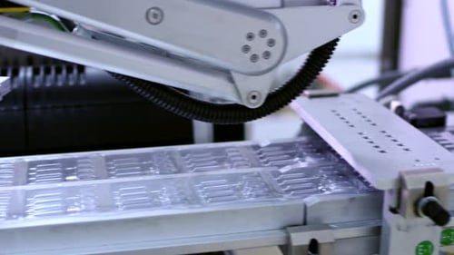 Automated robotic arm placing product into trays