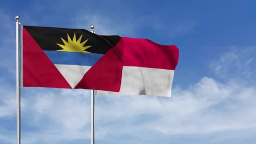 Antigua and Barbuda, Indonesia National Flags Waving in Blue Sky