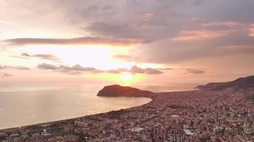Aerial View Twilight Magic Over Turkish City Sky Blends Pink and Blue