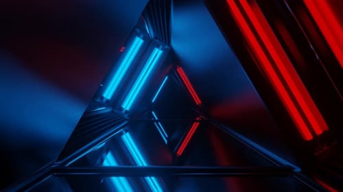 Blauer und roter Neonspiegel mit dreieckigem Tunnelhintergrund, VJ Loop, 4K