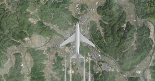 Aerial View of Passenger Jet Flying Over Green Landscape