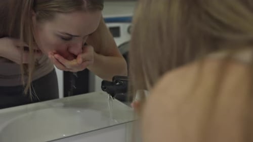 Mujer lavándose la boca con agua. Higiene bucal.