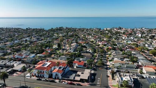 Aerial view of San Clemente coastline city with nice luxury and wealthy homes on a sunny day. San Cl