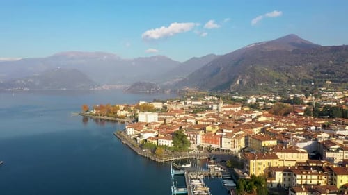 Aerial view of Lake Iseo coastline, Italy.